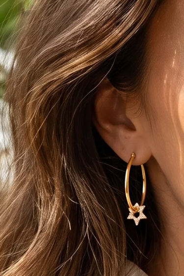 20mm golden hoops with Zirconia Wheel Star Charms